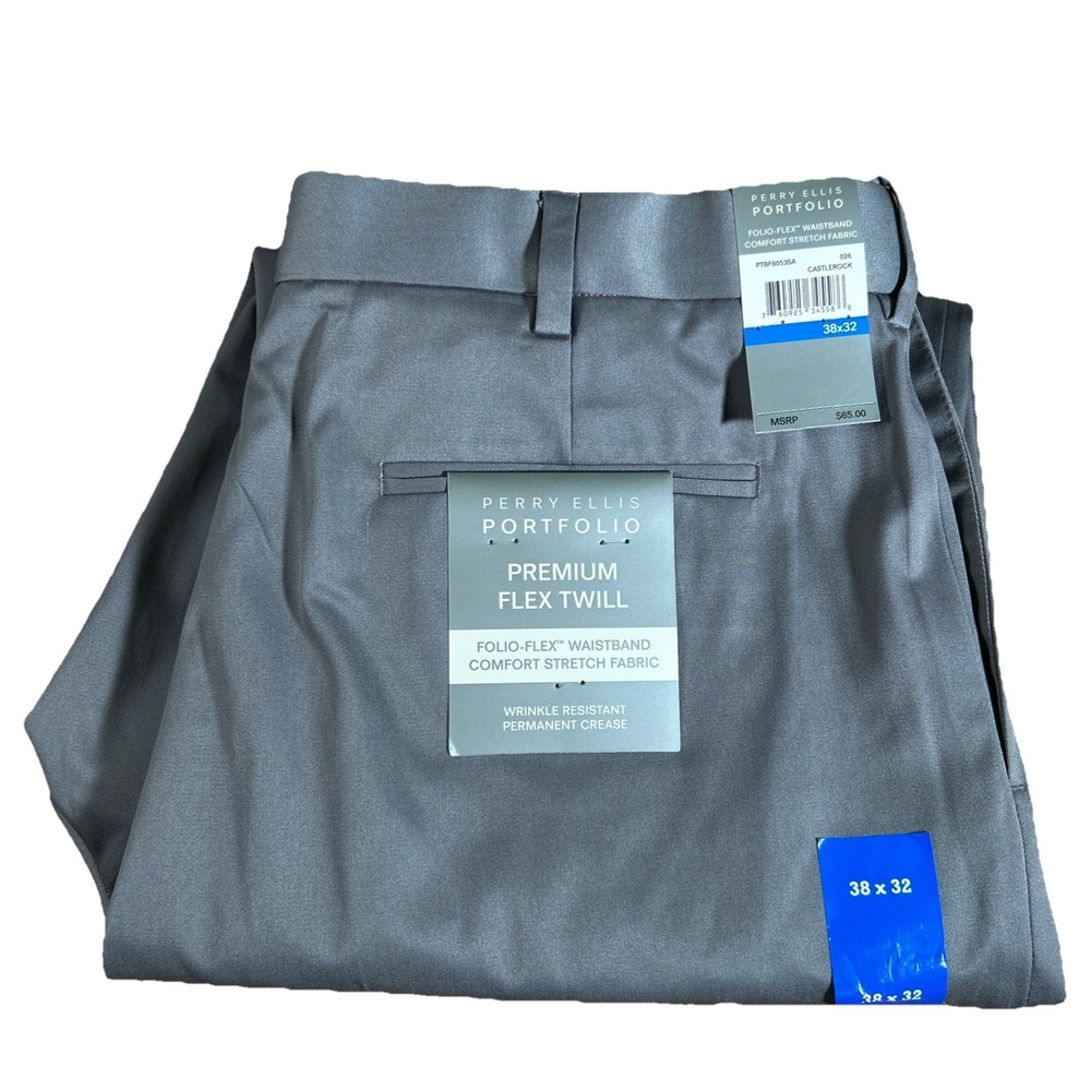 NWT Perry Ellis Portfolio Dress Pants Men's 38x32 Gray Premium Flex Twill Chino